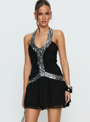 Aisleigh Sequin Halter Mini Dress Black / Silver