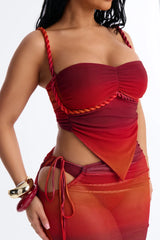 Ileen 3 Piece Mesh Rope Bandeau Bikini & Cover Up Maxi Skirt Sunsuit - Red/combo