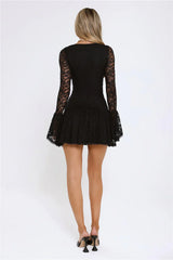 Gilded Lace Nights Long Sleeve Mini Dress Black