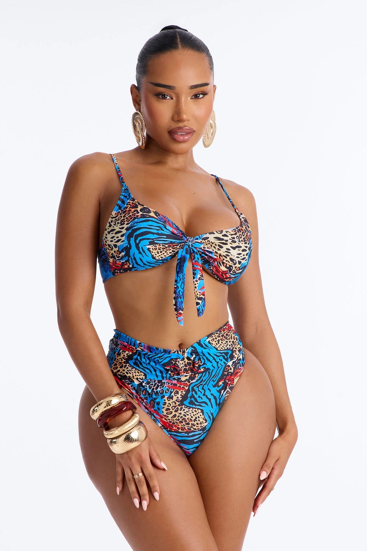 Unstoppable Wild Paradise Animal Front Tie Ruching High Waist Midi 3 Piece Bikini Komono Set - Blue/combo