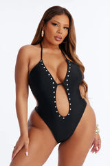 Miami Beat Studded 1 Piece Halter Cut Out Swimsuit - Black