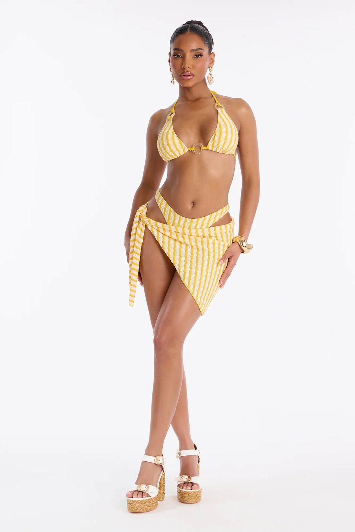 Ruby Textured Pinstripe O-Ring 3 Piece Bikini Sarong Set - Yellow/combo