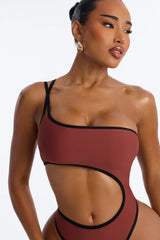 Riviera Ready 1 Piece One Shoulder Cut Out Swimsuit - Brown/combo
