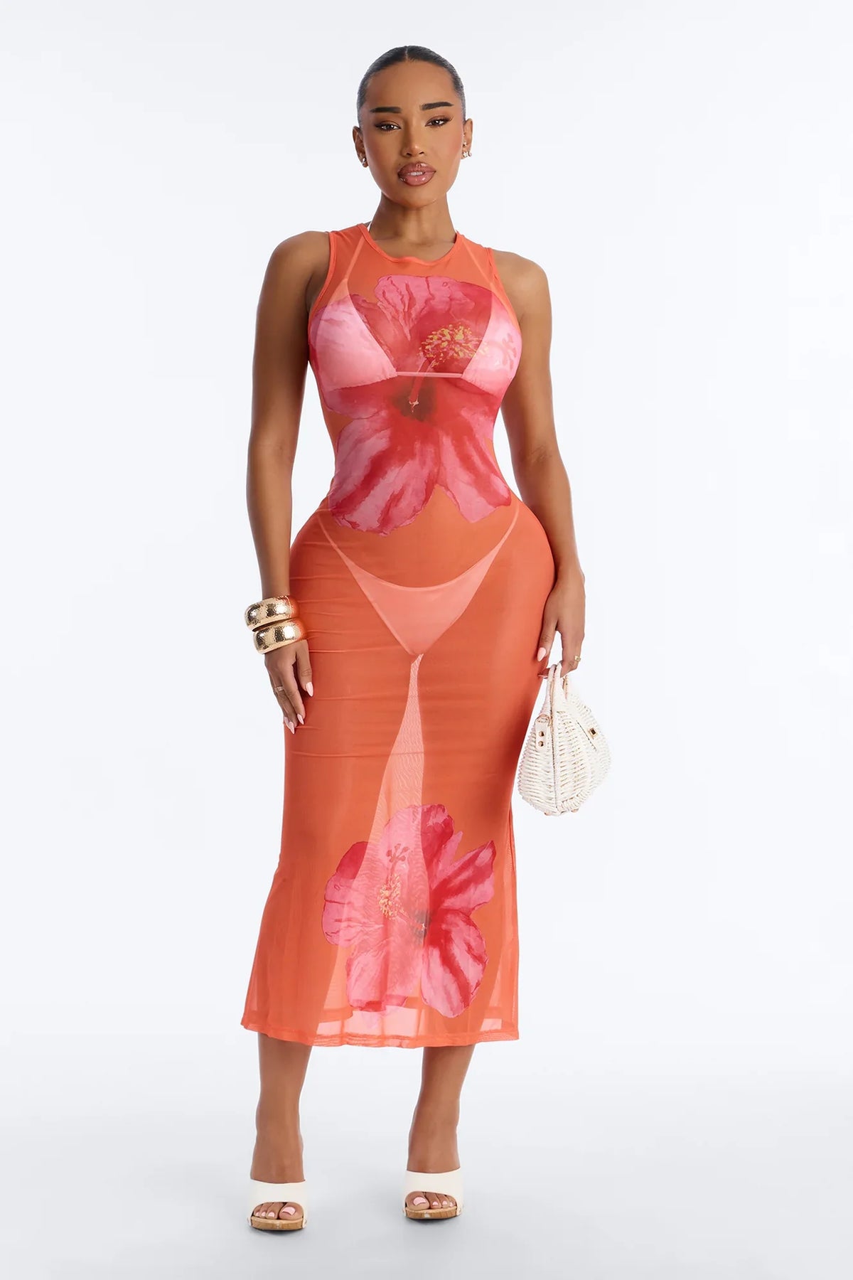 Floral Fantasy Sheer Swim Cover Up Dress - Orange