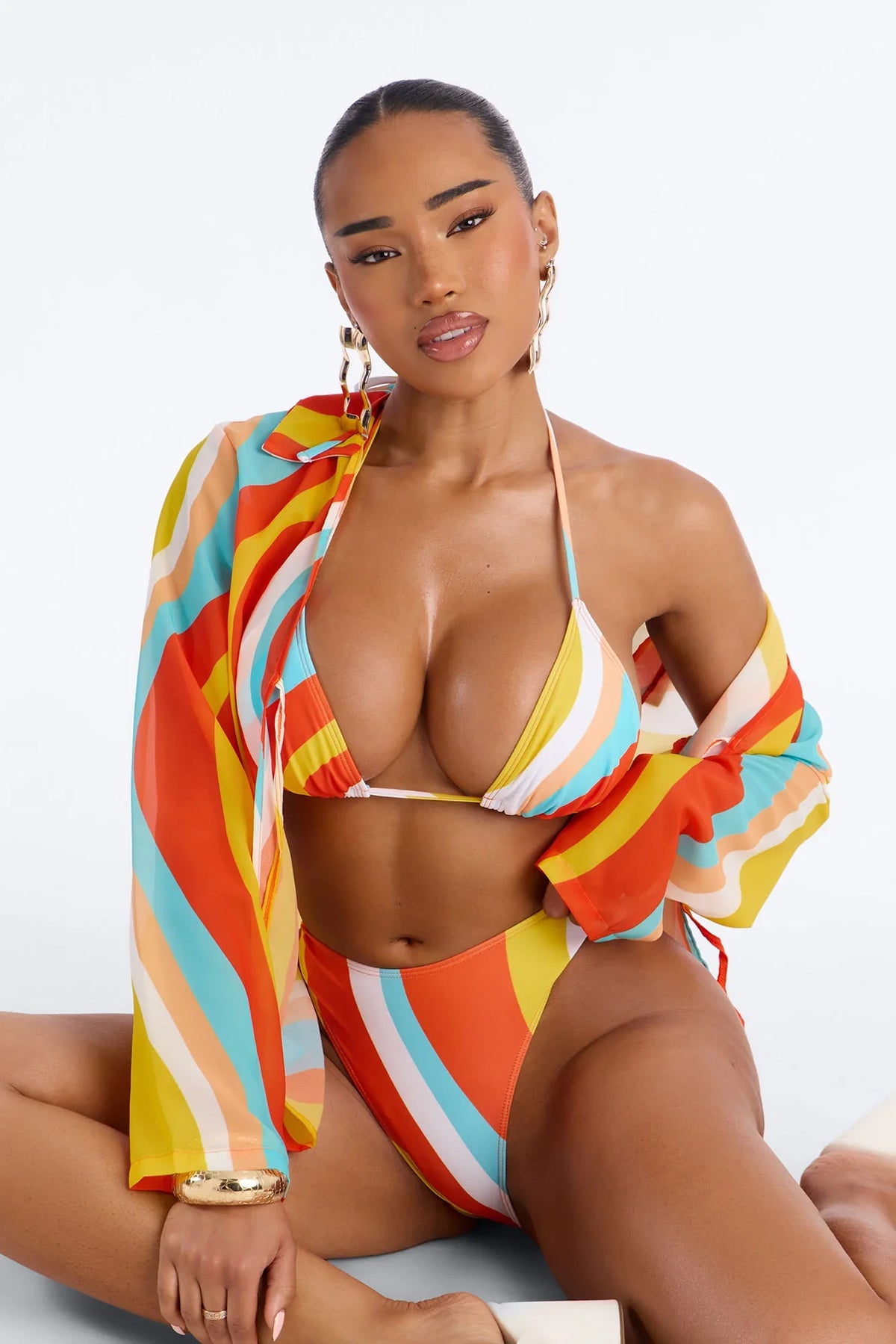 Desert Oasis Striped Triangle Bikini Mesh Shirt Cover Up Set - Orange/combo