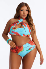 Salt On My Skin Floral 2 Piece Halter Bikini Top & High Waisted Bottom Set - Multi Color