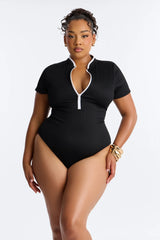 Elevated Ribbed 1 Piece Zip Up Short Sleeve Swimsuit - Black/White