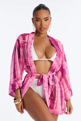 Enjoy The Waves Novelty Swim Cover Up Kimono - Pink
