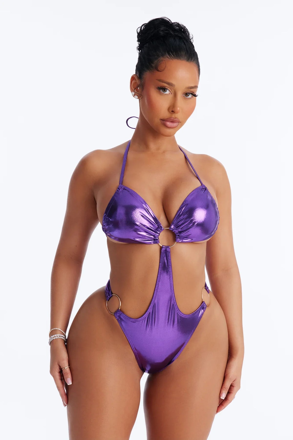 Beach Bold Baddie Metallic 1 Piece Halter Cut Out Swimsuit - Purple