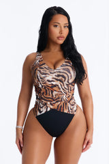 Unstoppable Wild Catch Mesh Cutout 1 Piece Swimsuit - Brown/combo