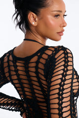 Beach Bound Crochet Long Sleeve Mini Cover Up Dress - Black