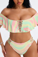 Oceanside Chic 2 Piece Marble Off Shoulder Lace Up Bikini Set - Mint/combo