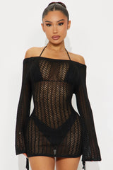 Tropical Skies Off Shoulder Ruched Cover Up Mini Dress - Black