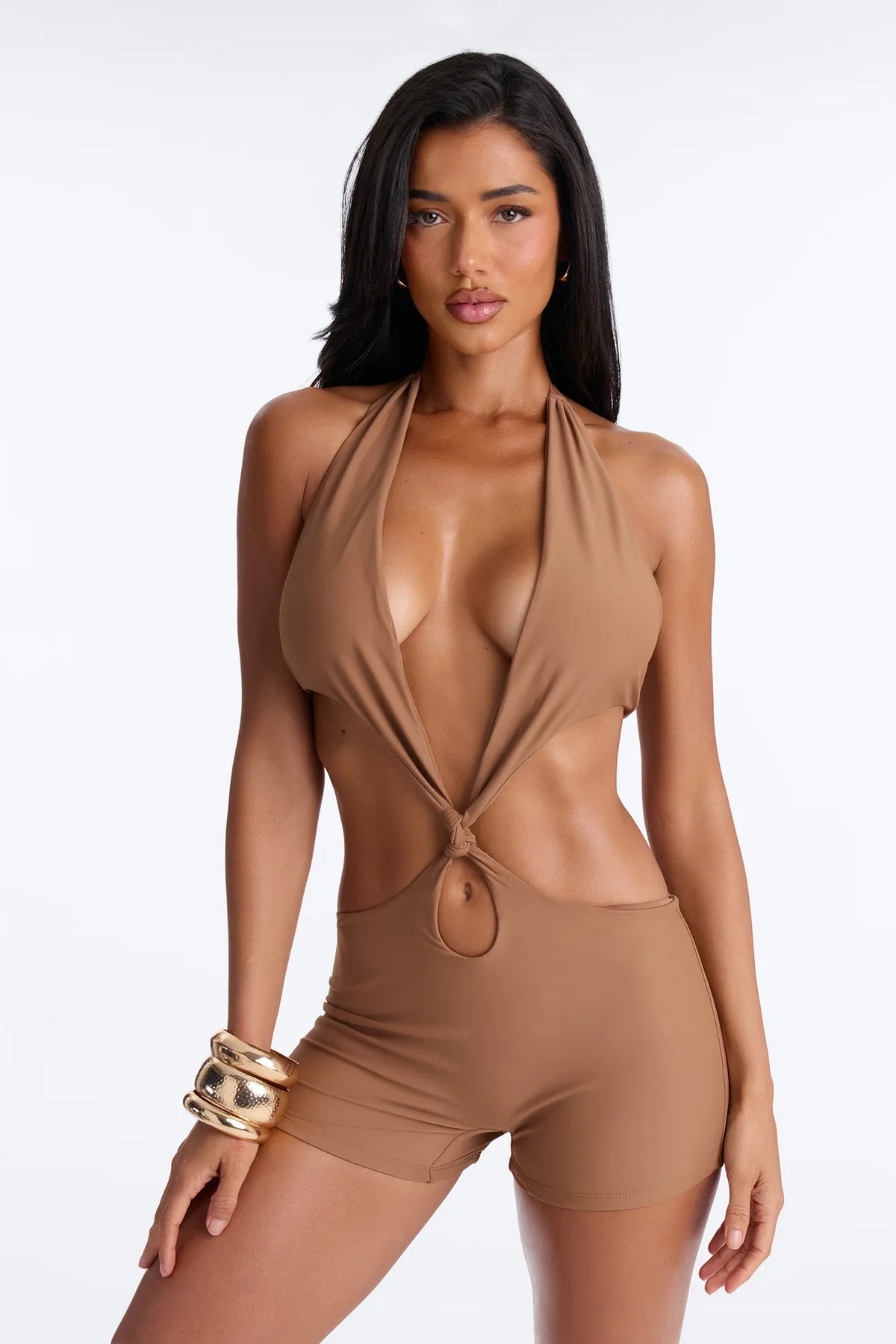 Unforgettable 1 Piece Plunge Cut Out Swimsuit Romper - Brown