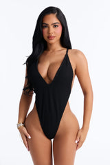 Talina Ribbed 1 Piece High Cut Swimsuit - Black
