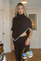 Windswept Cotton Knit Poncho - Chocolate Brown