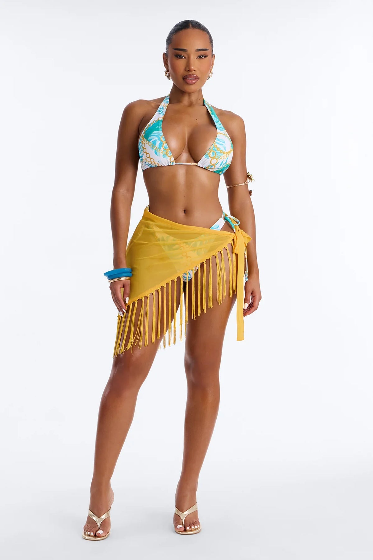 In The Tropics Mesh Fringe Swim Cover Up Sarong - Yellow