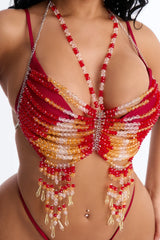 Jolene 3 Piece Micro Bikini & Beaded Cover Up Top Swimsuit - Multi Color