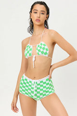 Eliza Crochet Halter Bikini Top - Jade Checker