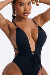 Deep In The Shore Strappy 1 Piece Plunge Swimsuit - Black