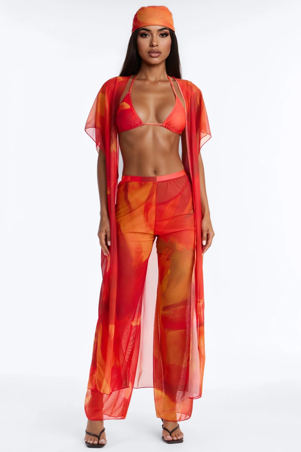 Katerina 5 Piece Ombre Bikini Kimono & Pant Set With Headscarf - Multi Color