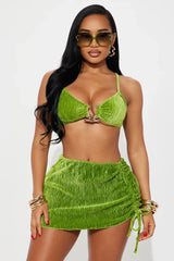 Farrah Hardware Velvet 3 Piece Bikini Ruched Skirt Set - Green