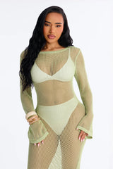 Coastal Veil Crochet Cover Up Bell Sleeve Dress - Sage