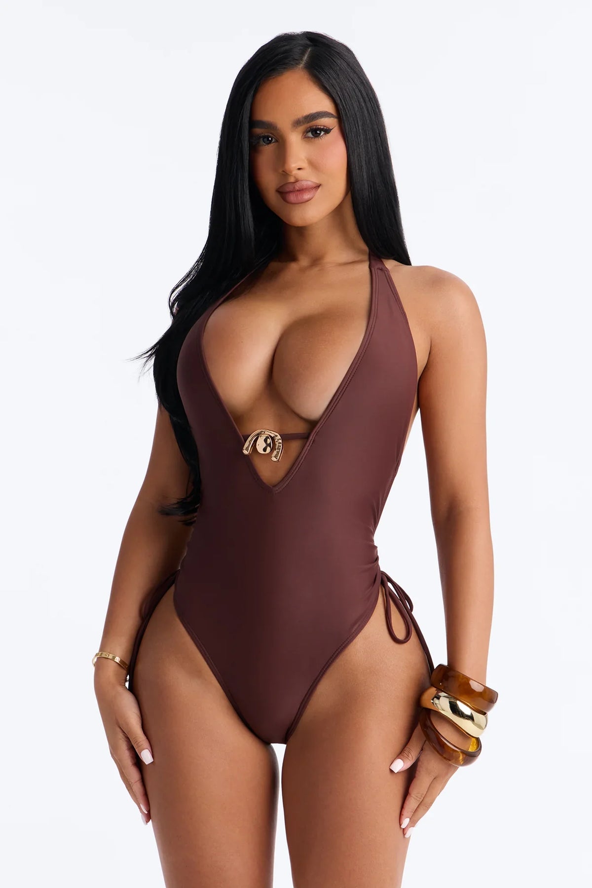 Paige Hardware Deep V-Neck Side Ruching 1 Piece Swimsuit - Brown