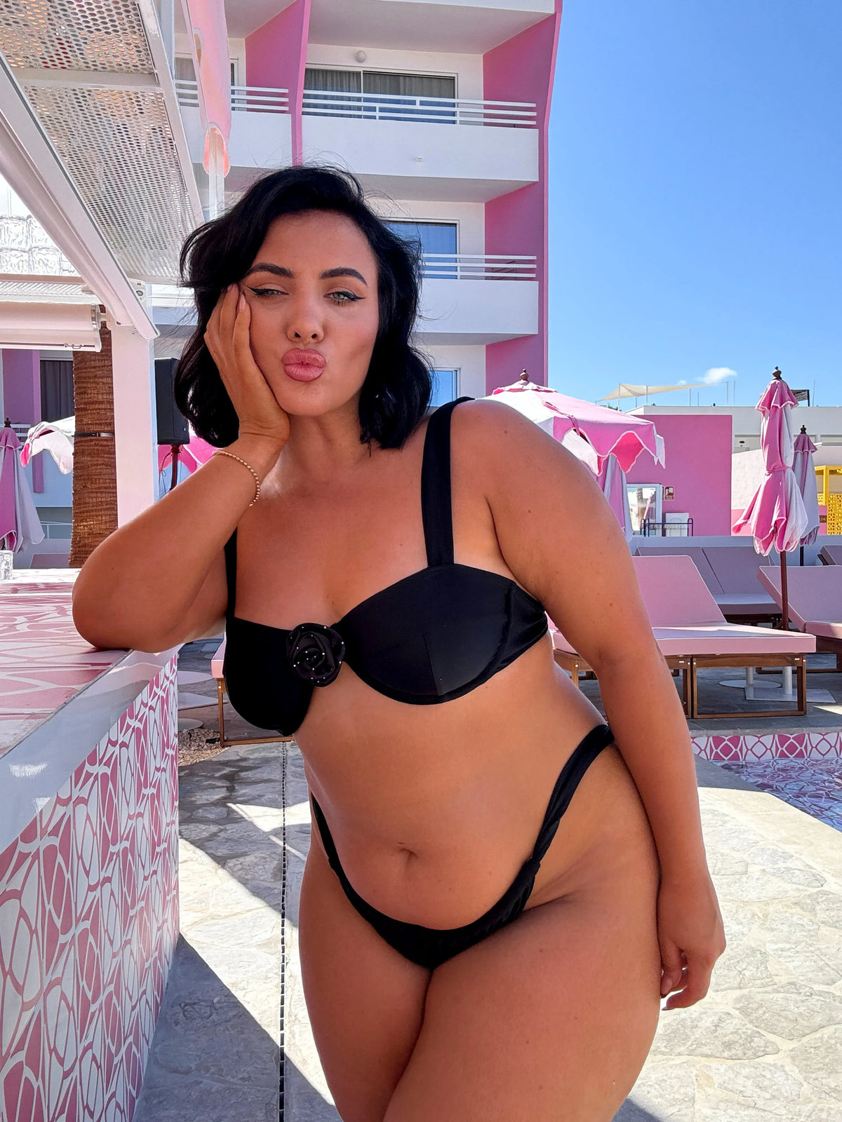 Aruba Bikini Top in Black With Flower Trim