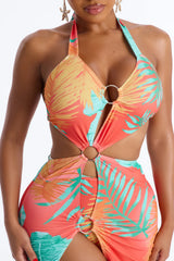 Sunset Sips Swim Cover Up Dress With Attached Bikini Bottom - Multi Color