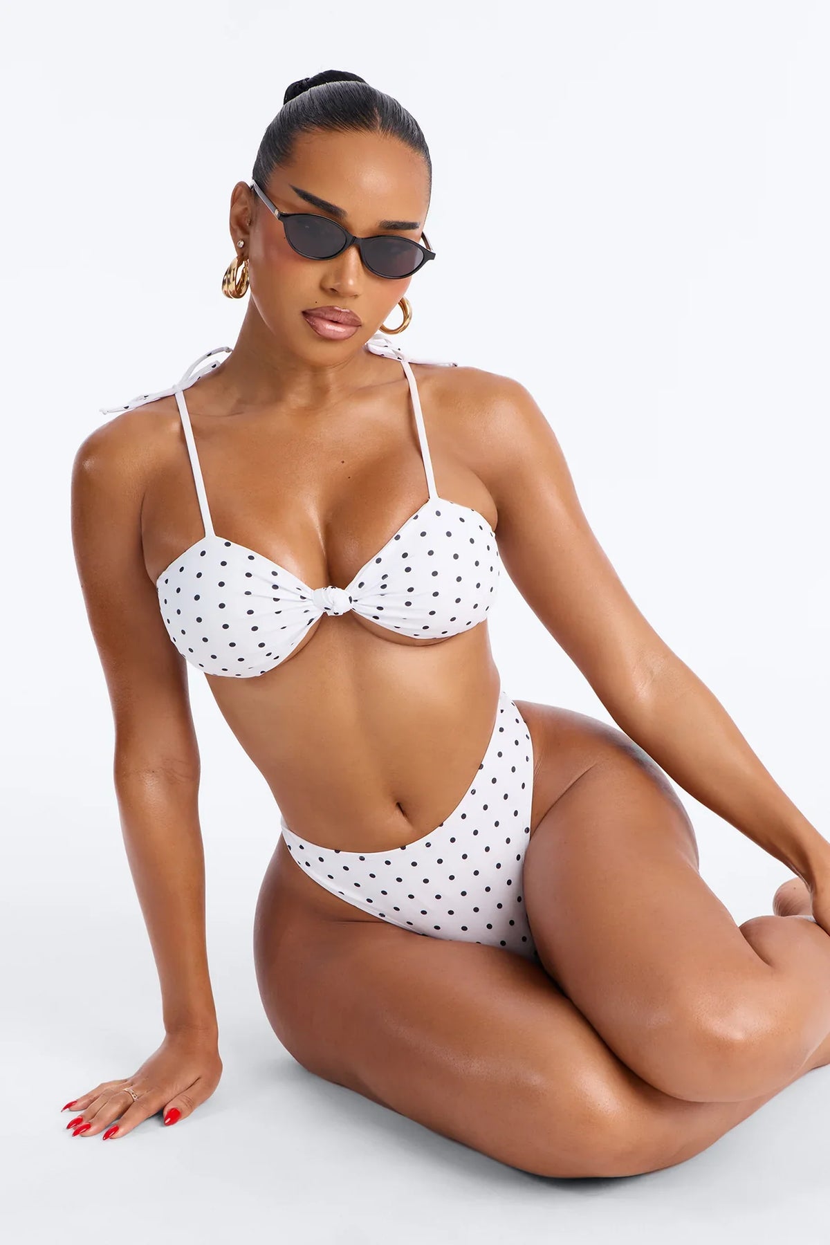 At The Sea Polka Dot Front Knot Shoulder Tie 2 Piece Bikini - White/Black