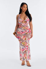 Gigi 3 Piece Floral Triangle Bikini & Mesh Cover Up Cowl Neck Maxi Dress Sunsuit - Multi Color
