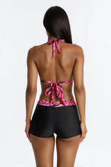 Abriana 2 Piece Tropical Bralette Bikini & Boyshort Bottom Set - Black/Pink