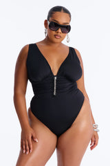 Shore Walks Ruching Hardware 1 Piece Swimsuit - Black