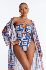 Monique Geometric Criss Cross Halter 2 Piece Bikini Kimono Set - Blue/combo