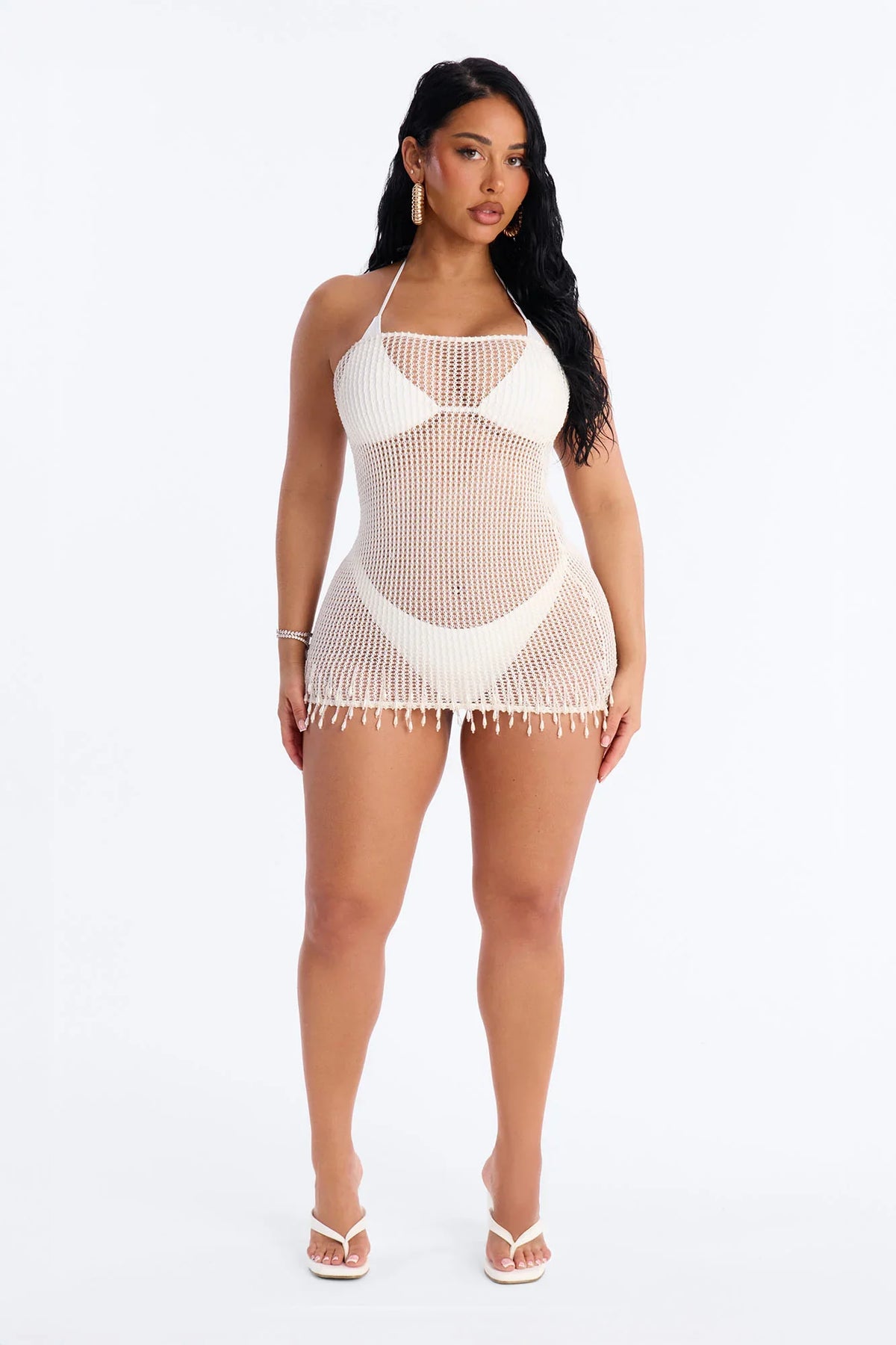 Macha And Sea Breeze Crochet Beaded Fringe Trim Strapless Mini Swim Cover Up Dress - Cream