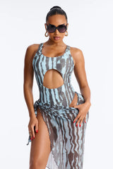 Sundown Stretch 1 Piece Animal Tie Dye Front Cut Out Swimsuit With Sarong - Blue