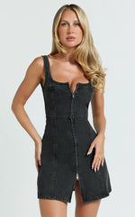 Chrysoula Mini Dress - Square Neck Zip Front Sleeveless Bodycon Denim in Washed Black