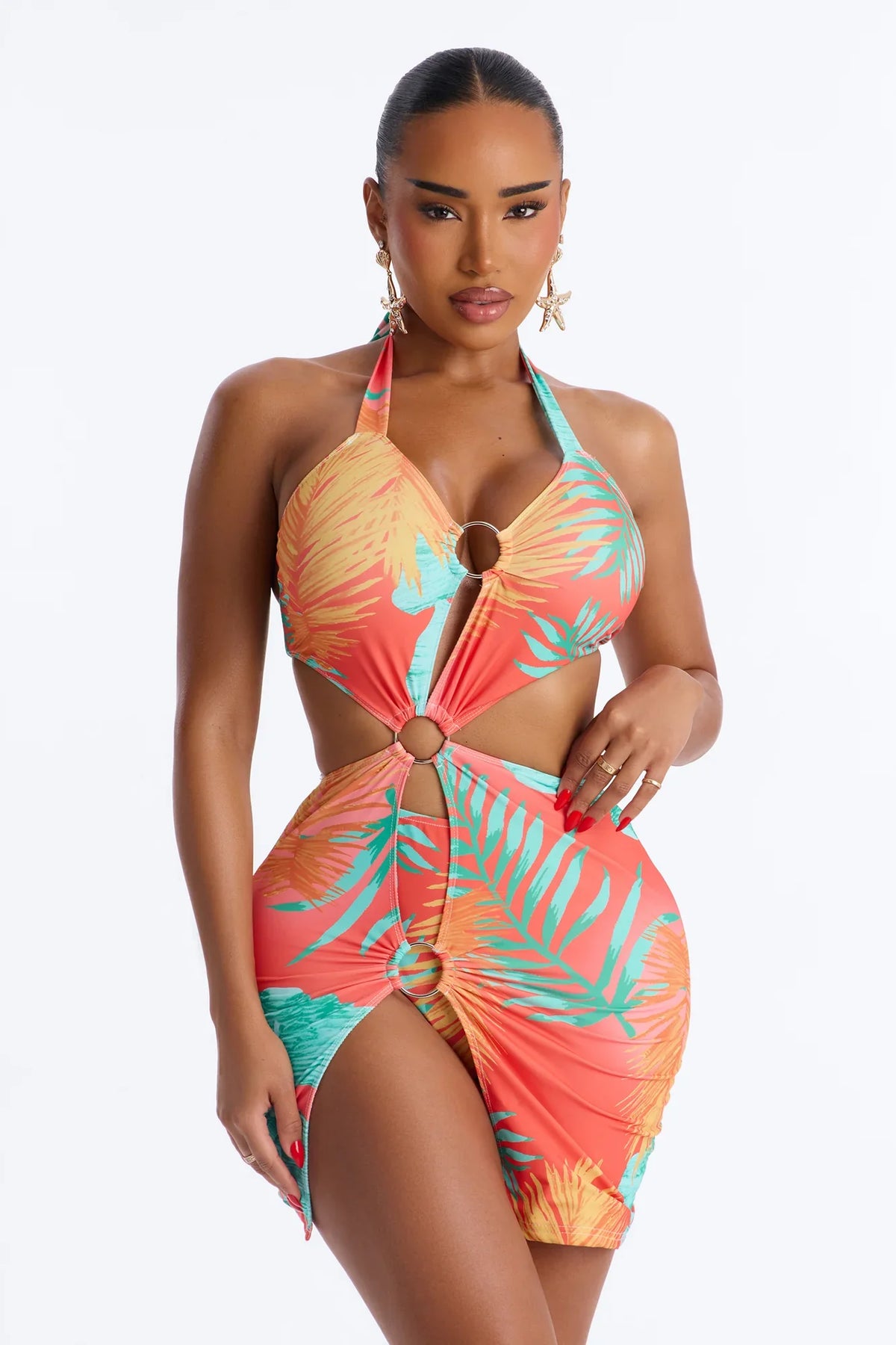 Sunset Sips Swim Cover Up Dress With Attached Bikini Bottom - Multi Color