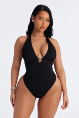 Fits Like A Glove Ribbed 1 Piece Plunge Neck Swimsuit - Black
