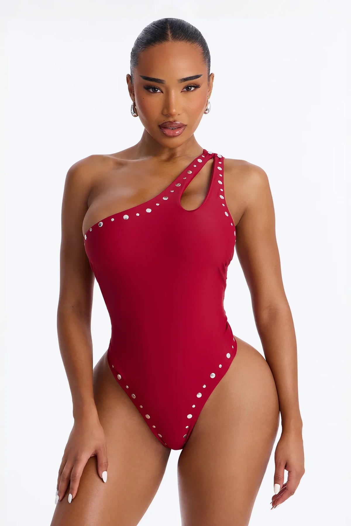 Whiskey And Waves Studded Asymmetrical Lace Up 1 Piece Swimsuit - Burgundy