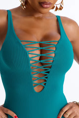 Sandy Hair Ribbed 1 Piece Swimsuit - Teal