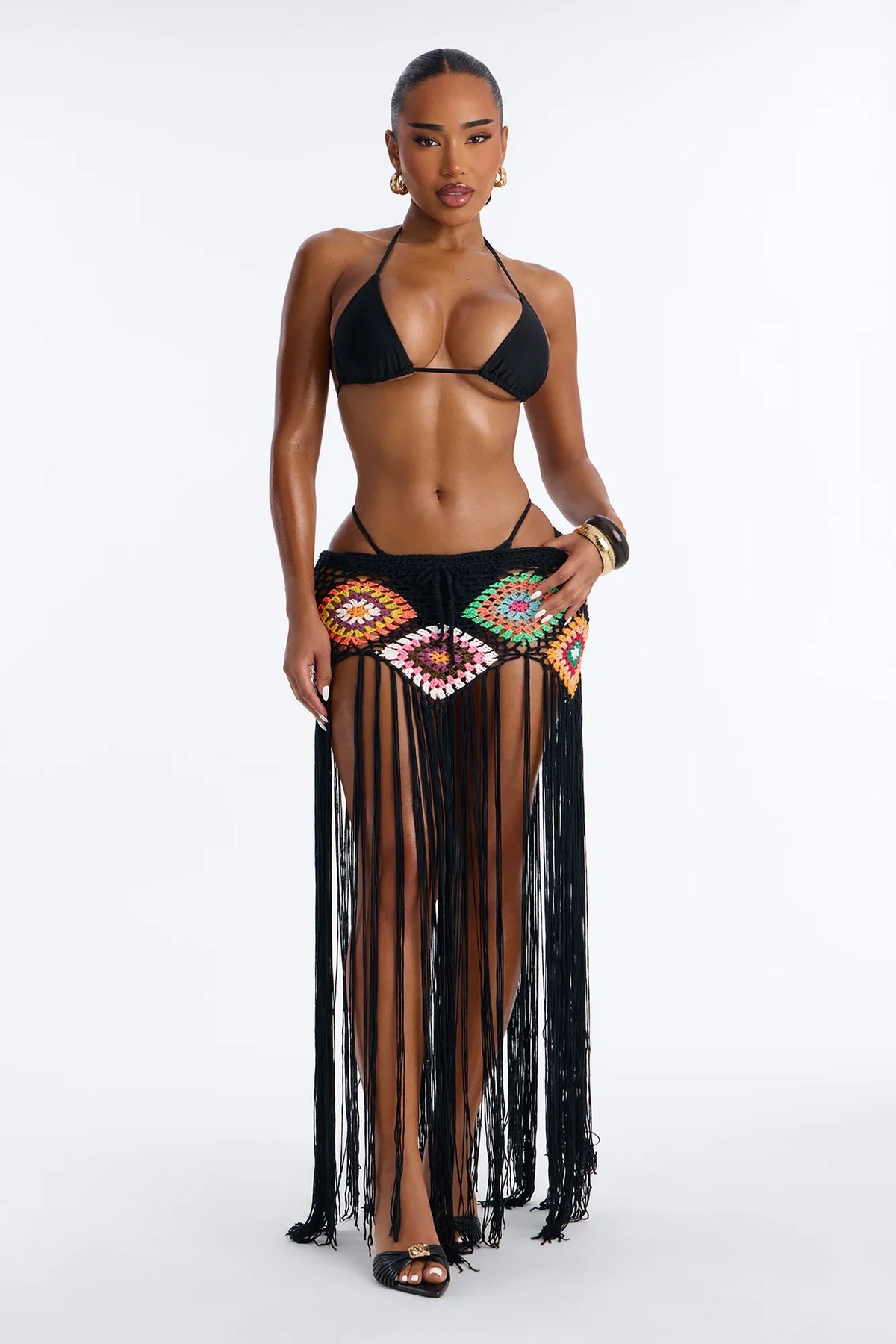 Aliana Crochet Fringe Cover Up Skirt - Black/combo