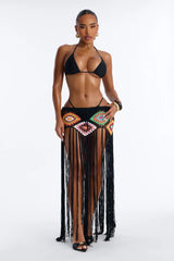Aliana Crochet Fringe Cover Up Skirt - Black/combo