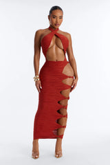 Moments Ribbed 1 Piece Halter Cut Out Swimsuit & Cover Up Midi Skirt Set - Rust