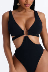 Dance With The Waves Back Tie U Wire 1 Piece Swimsuit - Black