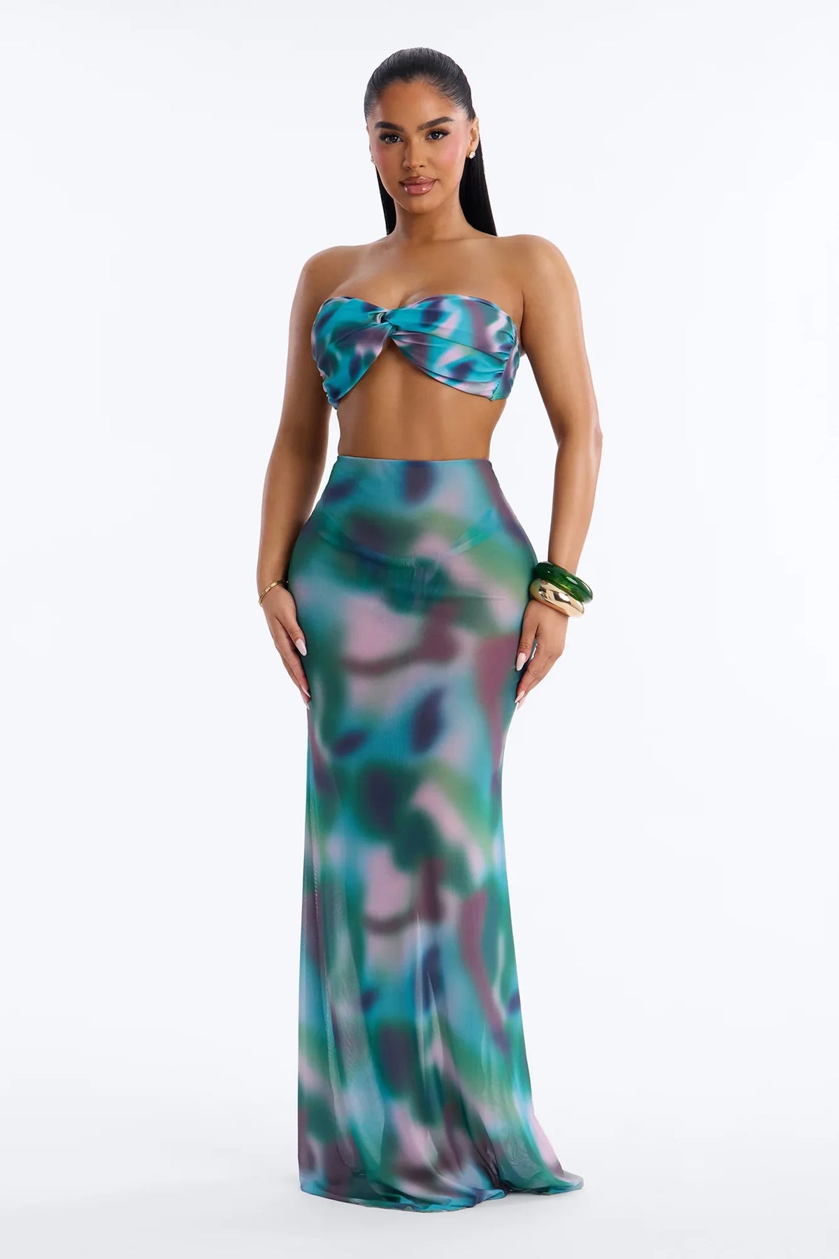 Poolside 2 Piece Bandeau Bikini and Maxi Skirt Set - Green/combo