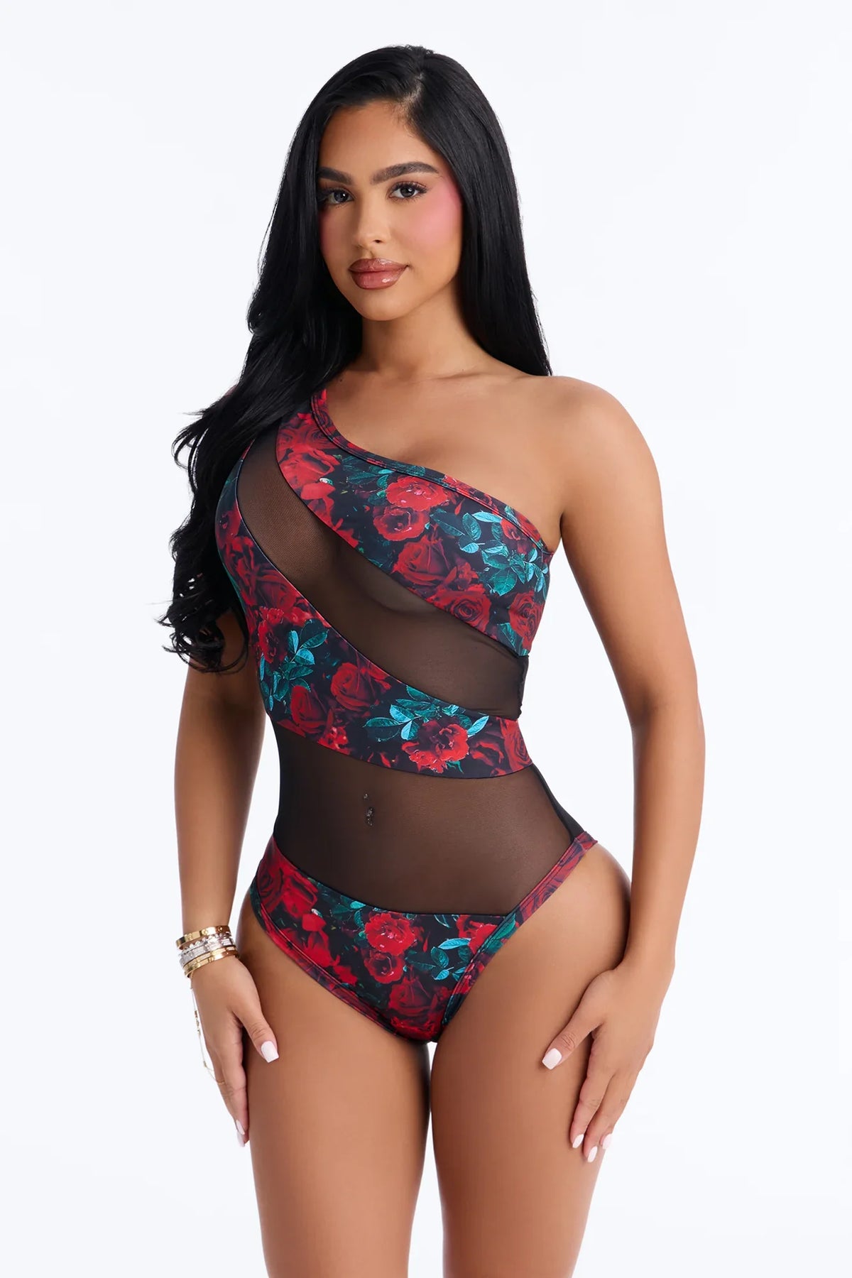 By The Coast Roses Mesh Cut Out One Shoulder 1 Piece Swimsuit - Red/combo