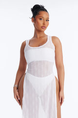 Live In The Moment Mesh Cover Up High Slit Dress - White