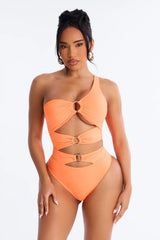 Water You Doing One Shoulder Cut Out O-Rings 1 Piece Swimsuit - Orange